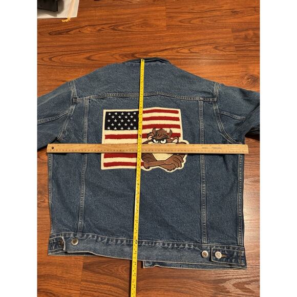 American Flag Jacket Denim TAZ Looney Tunes Mens MEDIUM Leather Warner Bros VTG - Picture 3 of 8